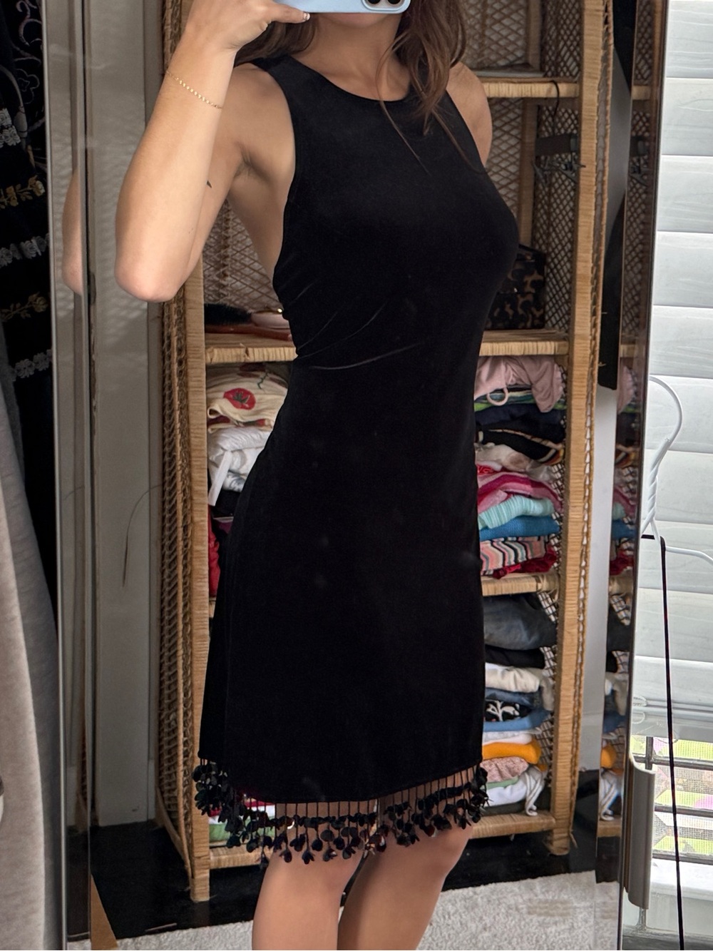 Vintage Muse Black Velvet Open Back Sequin Beaded Fringe Dress Size 8 Stretch